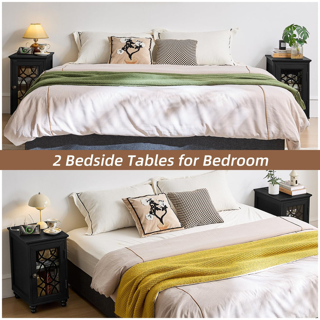 Pair of black bedside tables with glass doors and charging station, compact nightstands