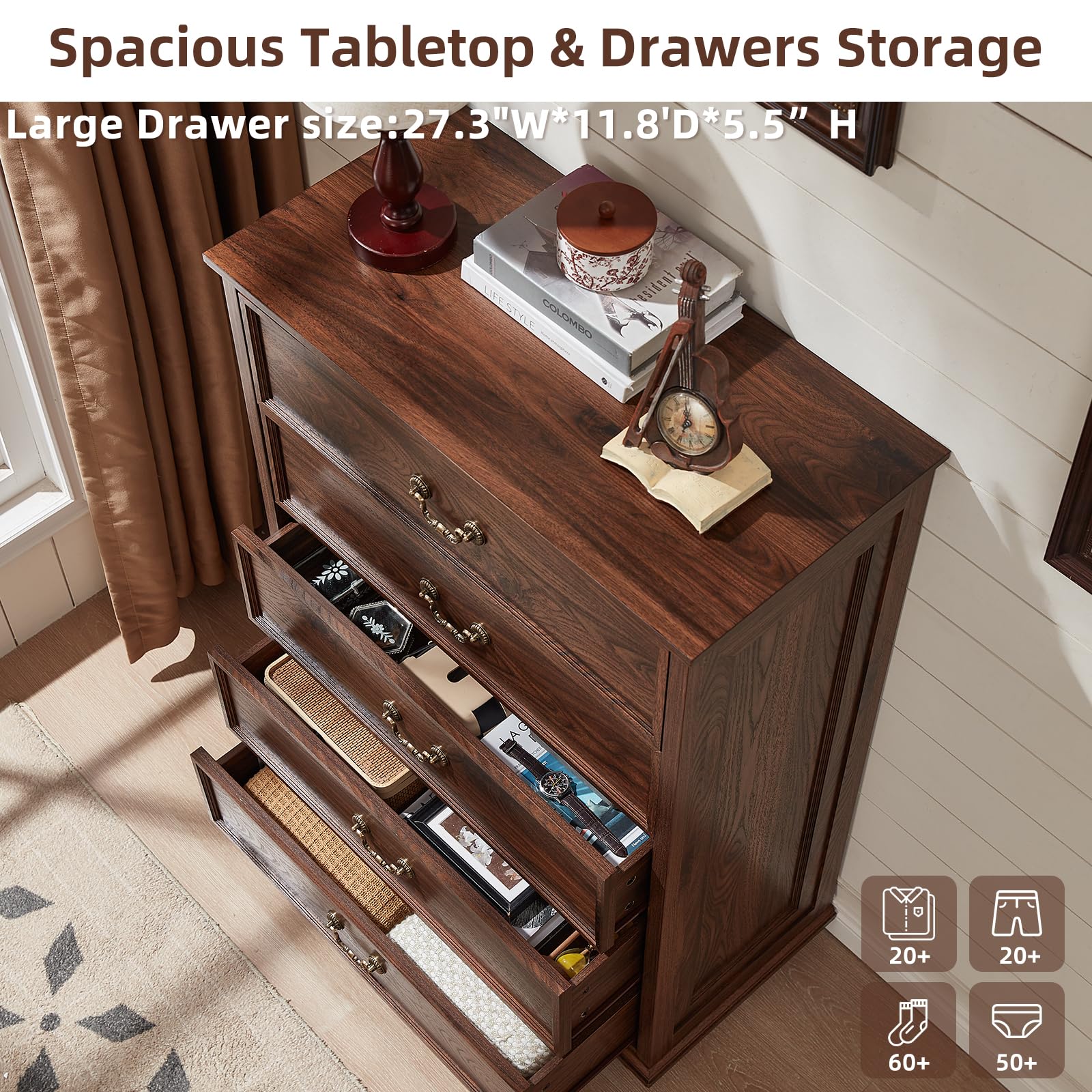 Brown wood dresser with open drawers and brass-tone pull handles on tabletop