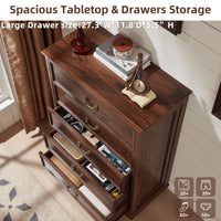 Dark wood dresser with wood top, open side shelves, and metal drawer pulls.