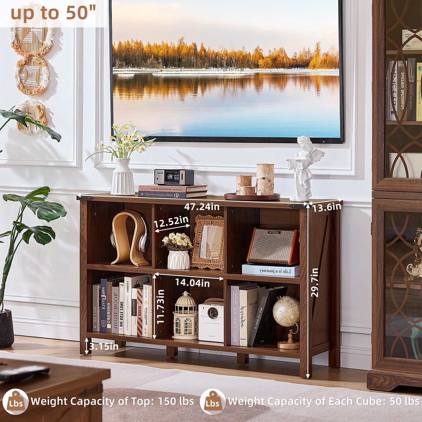 Brown walnut farmhouse bookcase with open cubbies, black top, and four legs