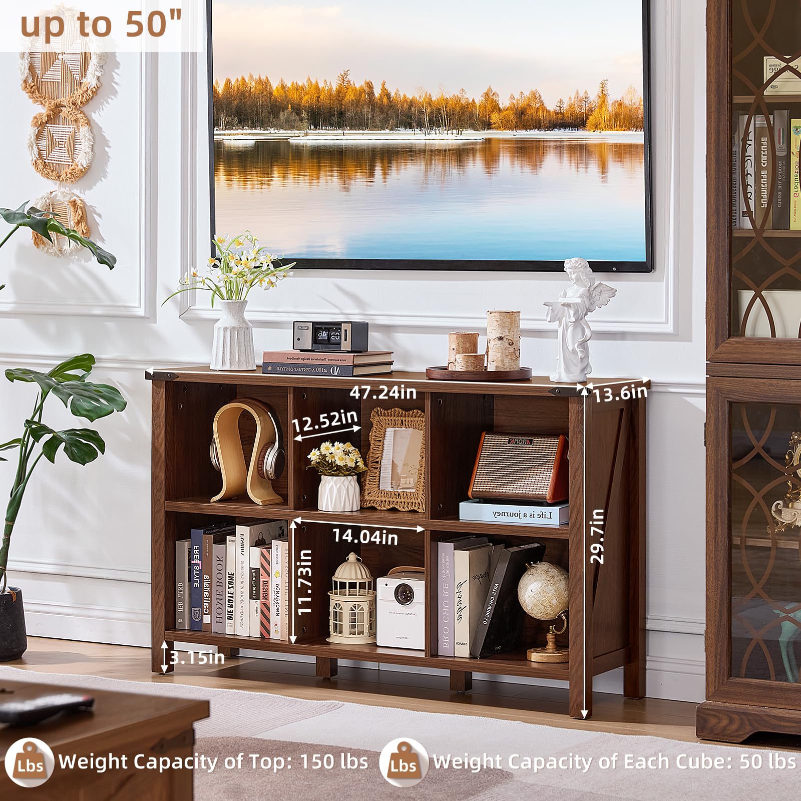 Brown walnut farmhouse bookcase with open cubbies, black top, and four legs