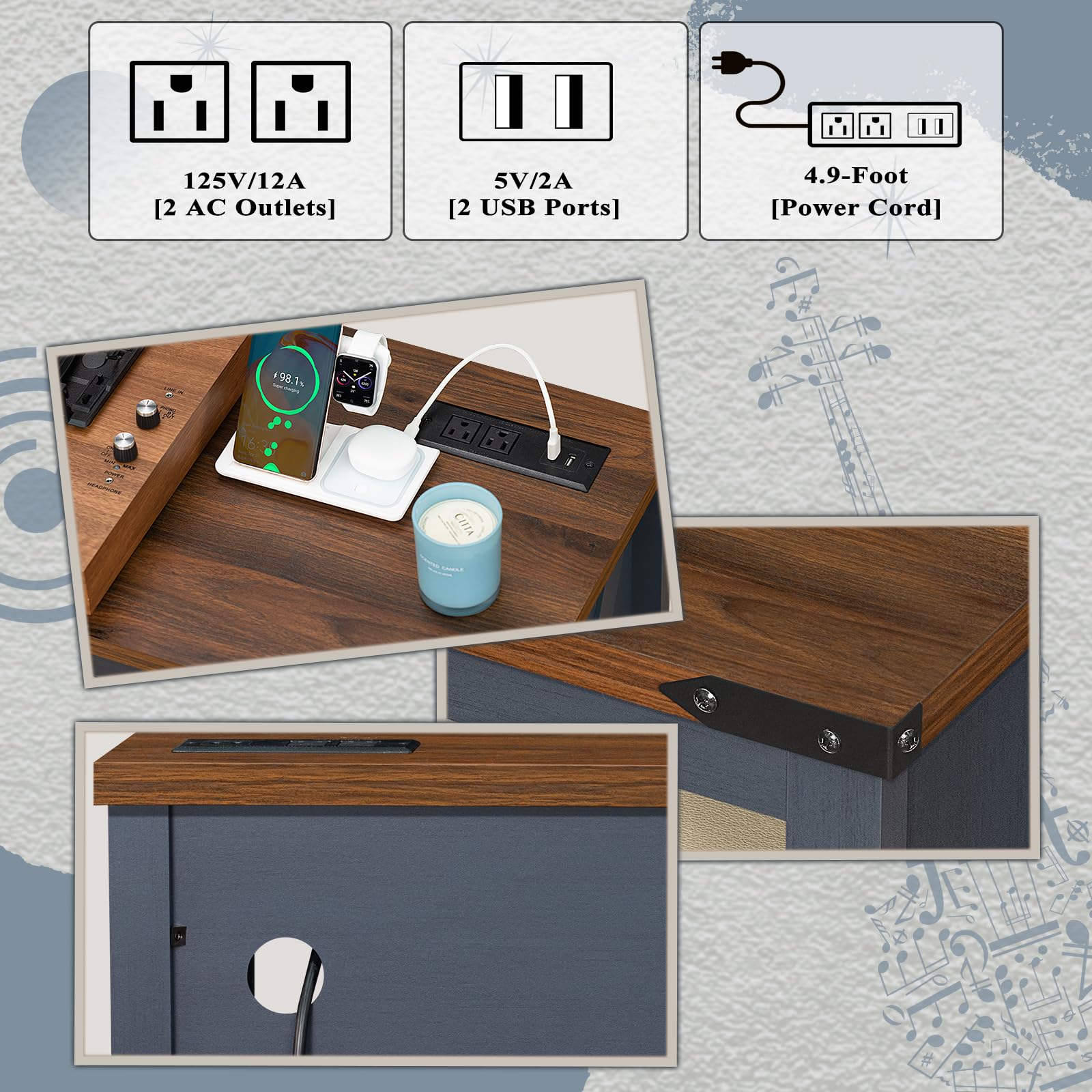Record player stand charging area with outlets, USB ports, and power cord