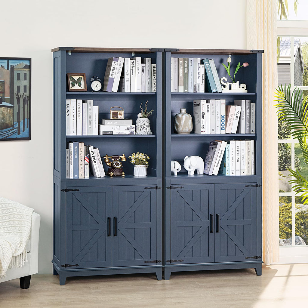 70in Tall Bookshelf 5 Tier Bookcase with Barn Doors and Adjustable Shelves, Blue Farmhouse Book Shelf with Storage Cabinet, Wood Freestanding Display Bookshelves for Bedroom, Living Room | Bookcase, Barn Doors, Adjustable Shelves, Book Shelf, Storage Cabi