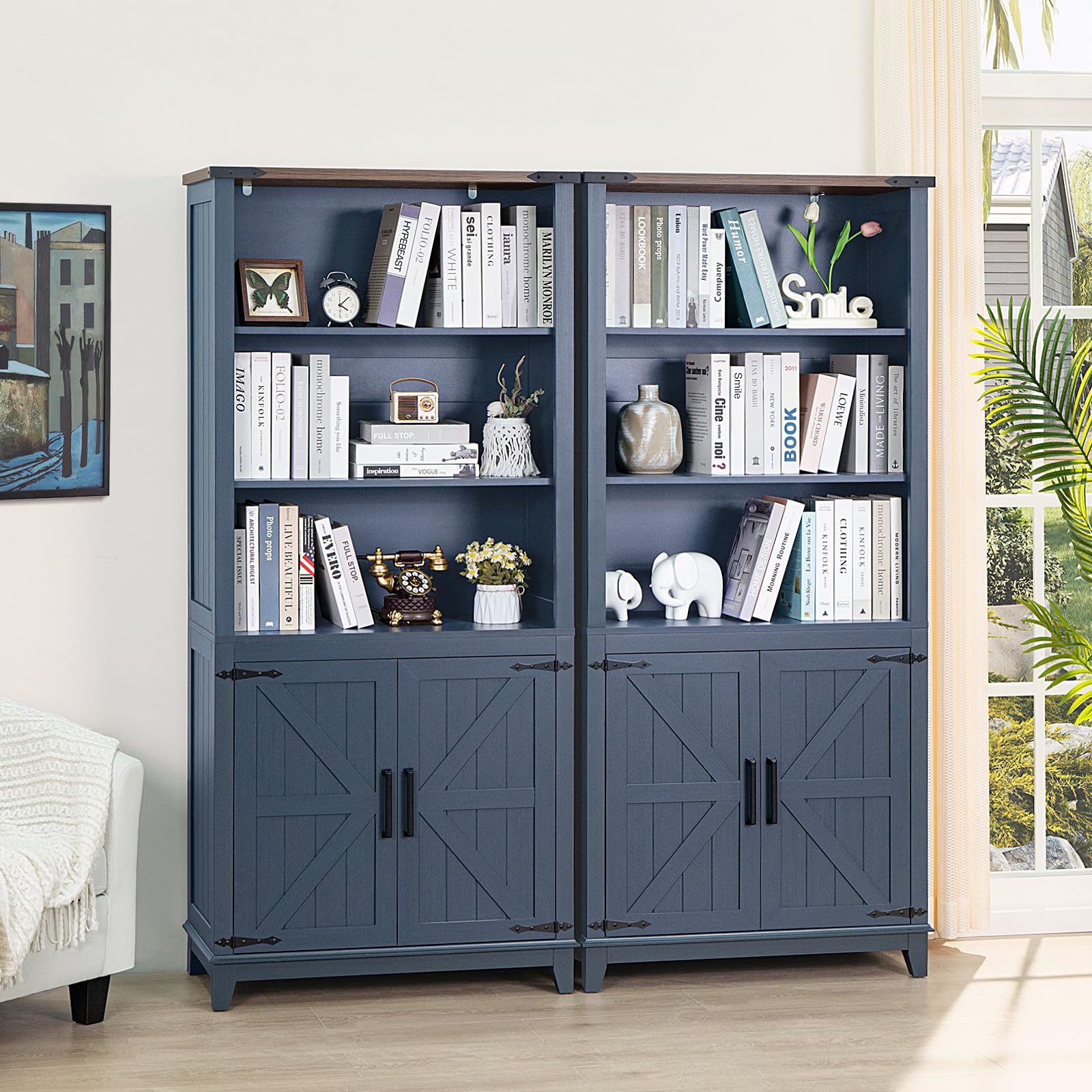 70in Tall Bookshelf 5 Tier Bookcase with Barn Doors and Adjustable Shelves, Blue Farmhouse Book Shelf with Storage Cabinet, Wood Freestanding Display Bookshelves for Bedroom, Living Room | Bookcase, Barn Doors, Adjustable Shelves, Book Shelf, Storage Cabi
