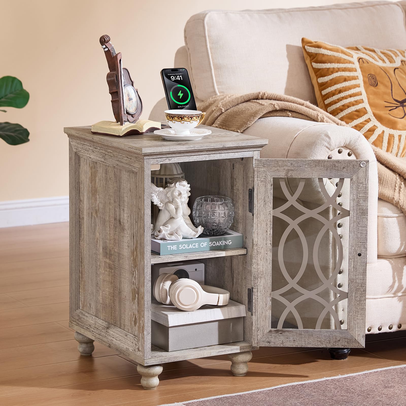 Wood nightstand with open shelves and glass cabinet door for bedside storage.