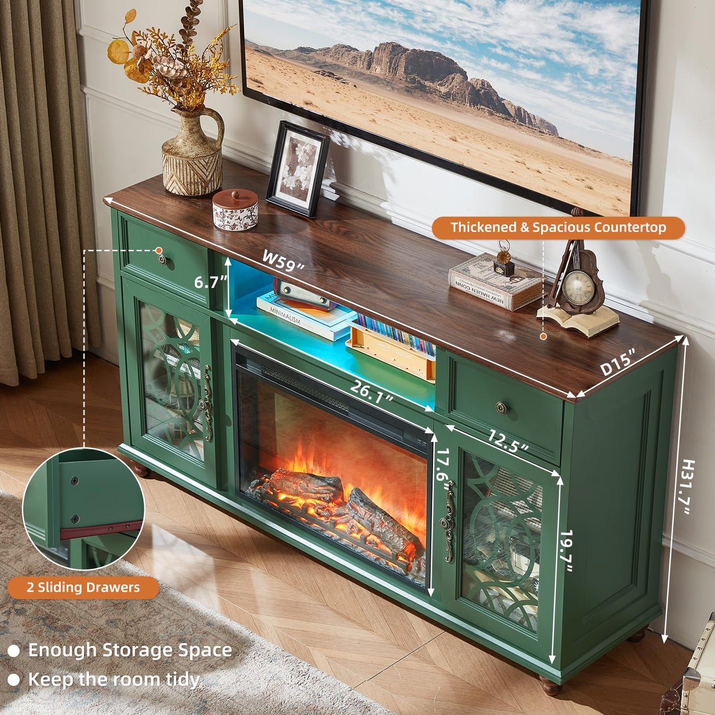 Joaxswe Farmhouse Fireplace TV Stand Sets 3,Side Table with Charger Station | 59" Fire Place TV Stands for Living Room, Entertainment Center Heater for TVs up to 65" with Open Shelves and Drawers, Blue