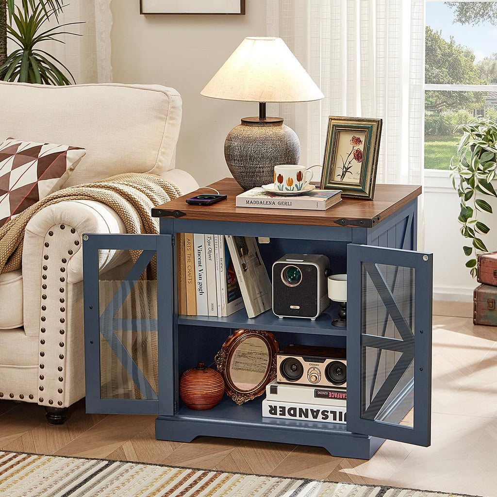 Navy blue end table set with cabinet doors and open storage, flat top for lamp and decor
