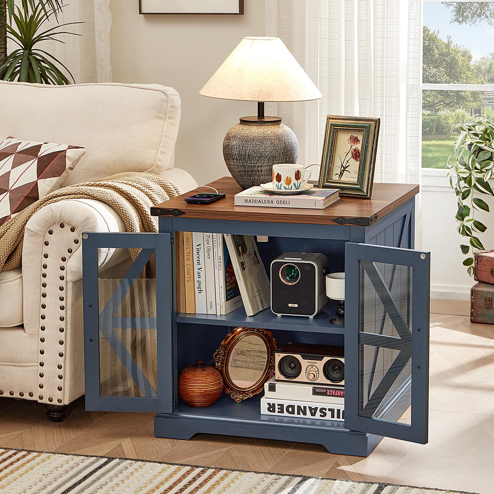 End Tables Living Room Set 2, 18'' Night Stand and 24" Square Side Table with Charger Station, Wood Furniture Sets, Nightstand Bedside End Table for Bedroom