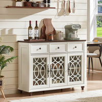 White farmhouse sideboard buffet cabinet with glass-pane doors and drawer storage