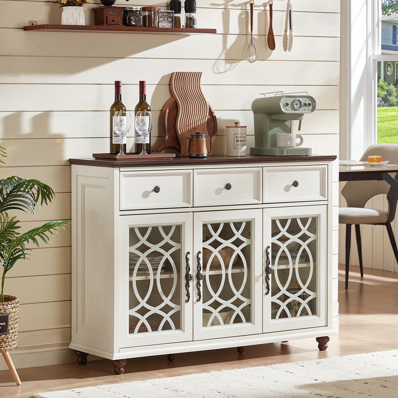 White sideboard buffet cabinet with four glass doors and two drawers