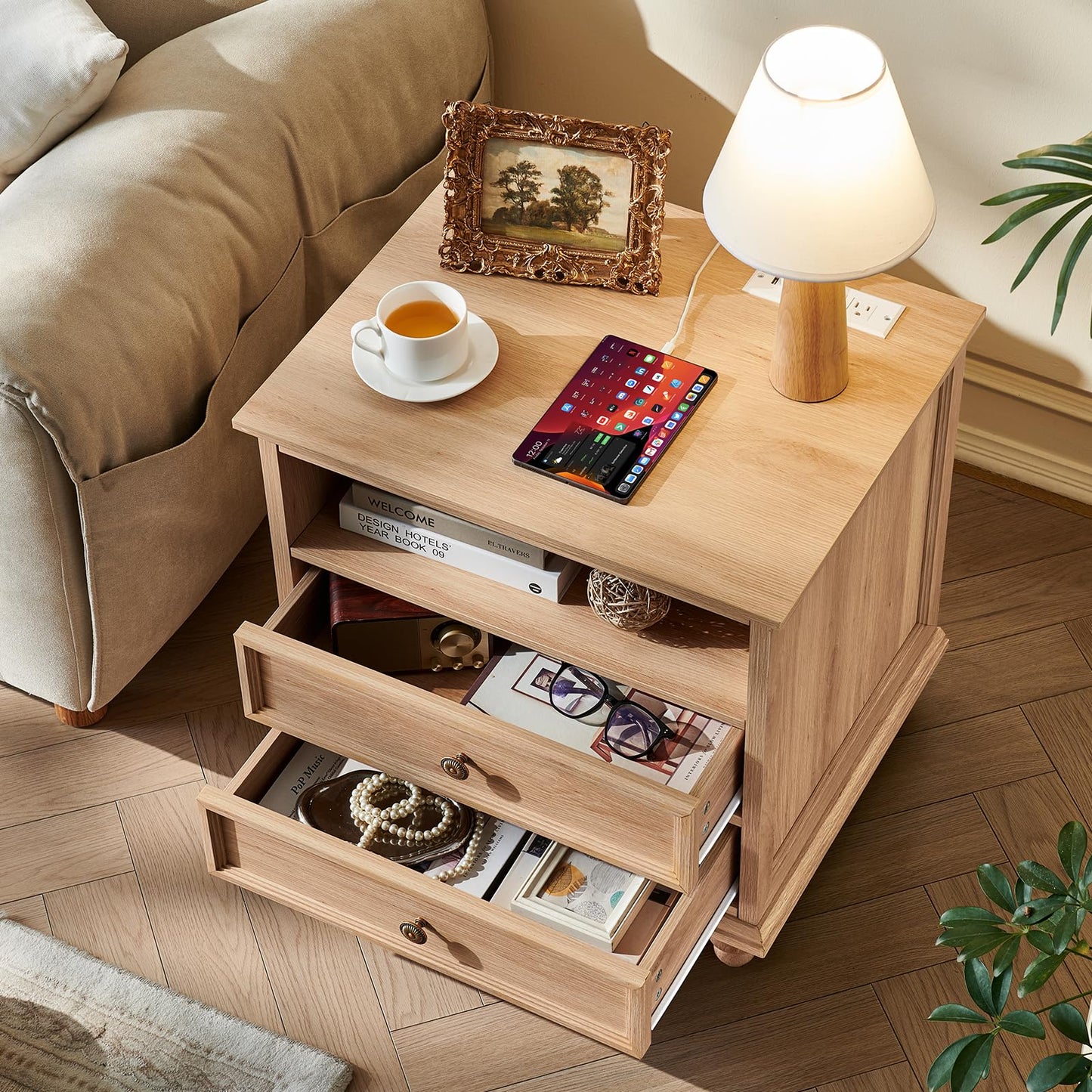 Farmhouse-style 5-drawer dresser with wood top, open storage shelves, and metal drawer pulls.