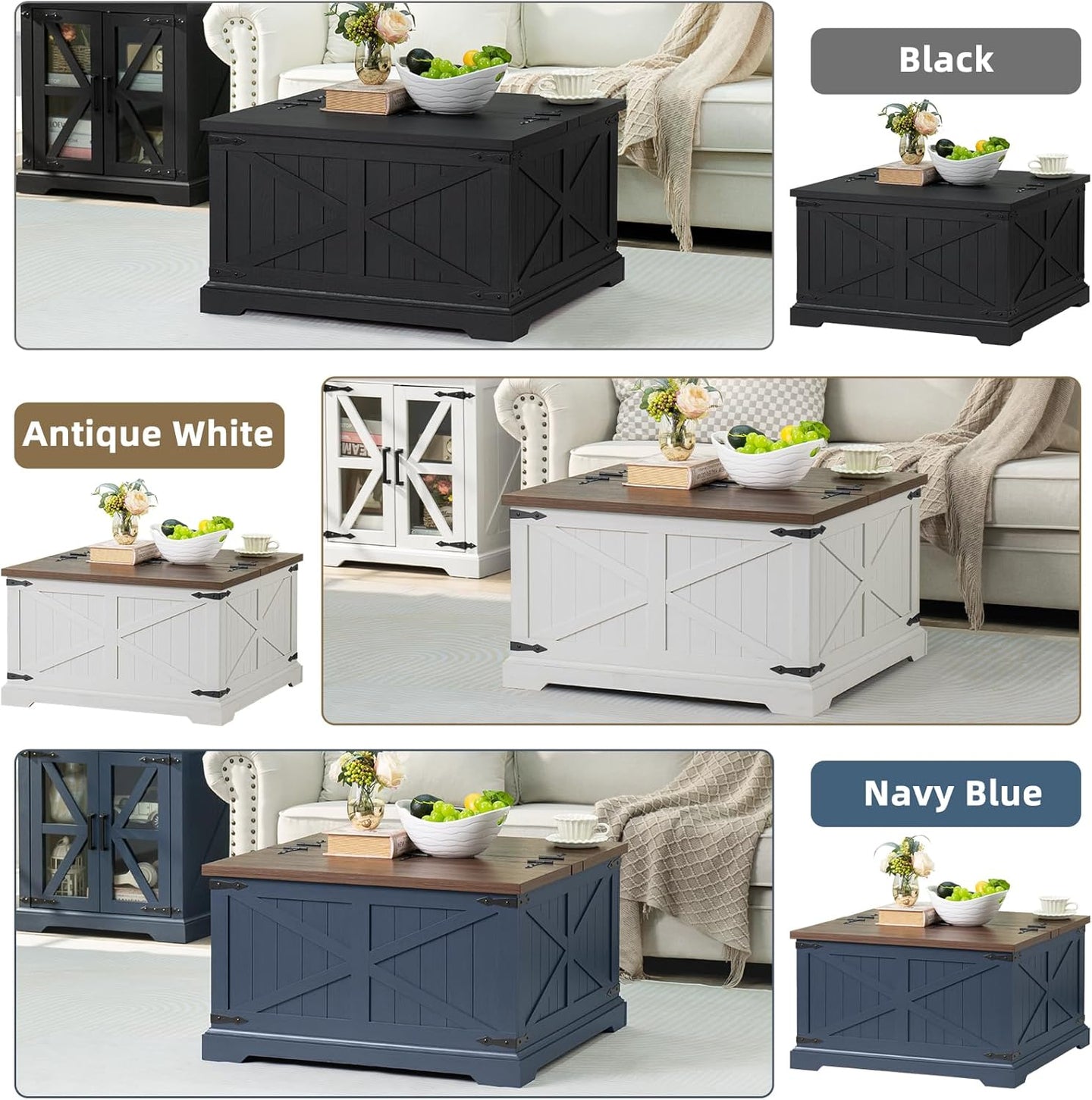 Square coffee table with flip-top lid, shown in black, antique white, and navy blue