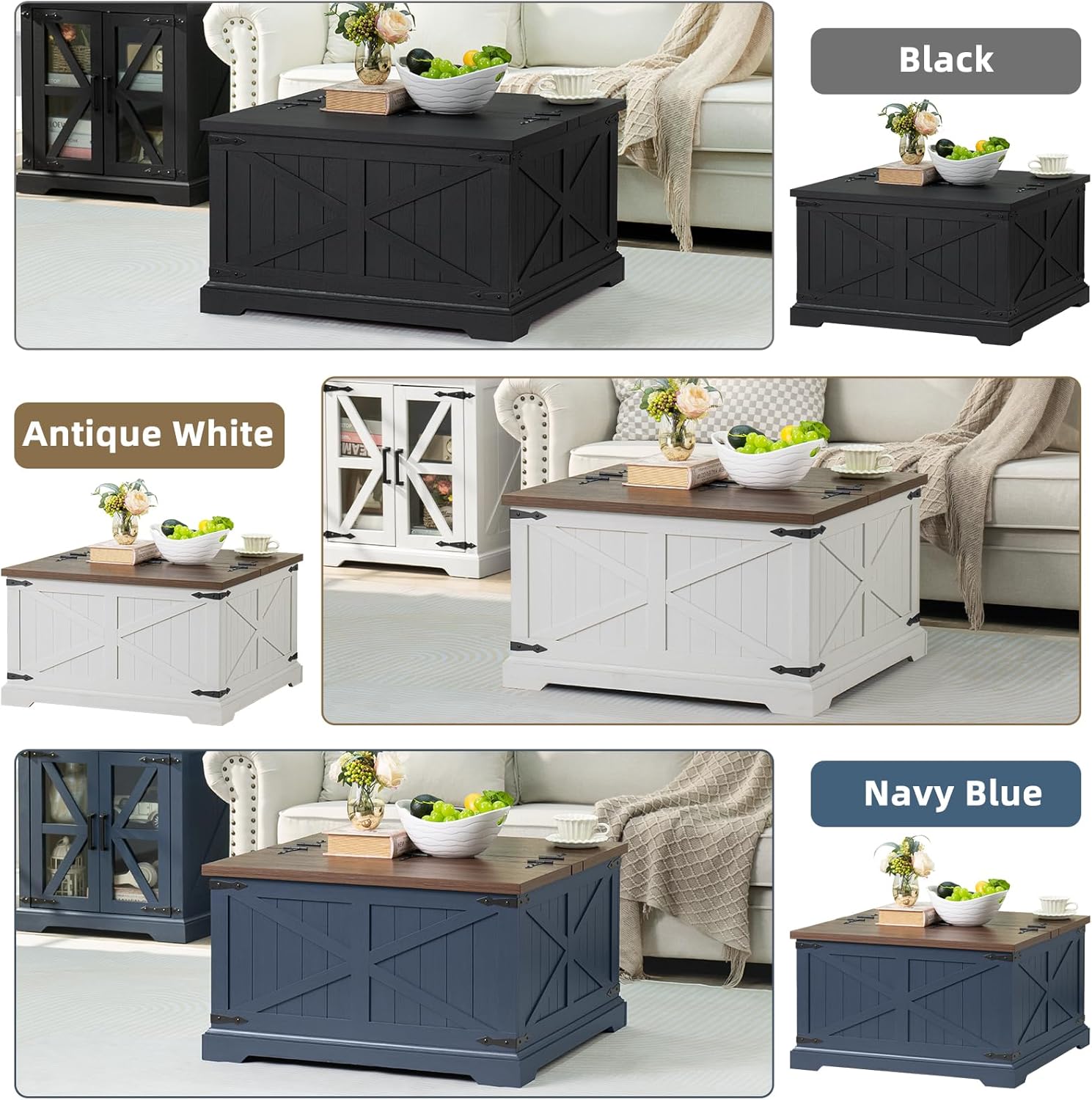 Square coffee table with flip-top lid, shown in black, antique white, and navy blue