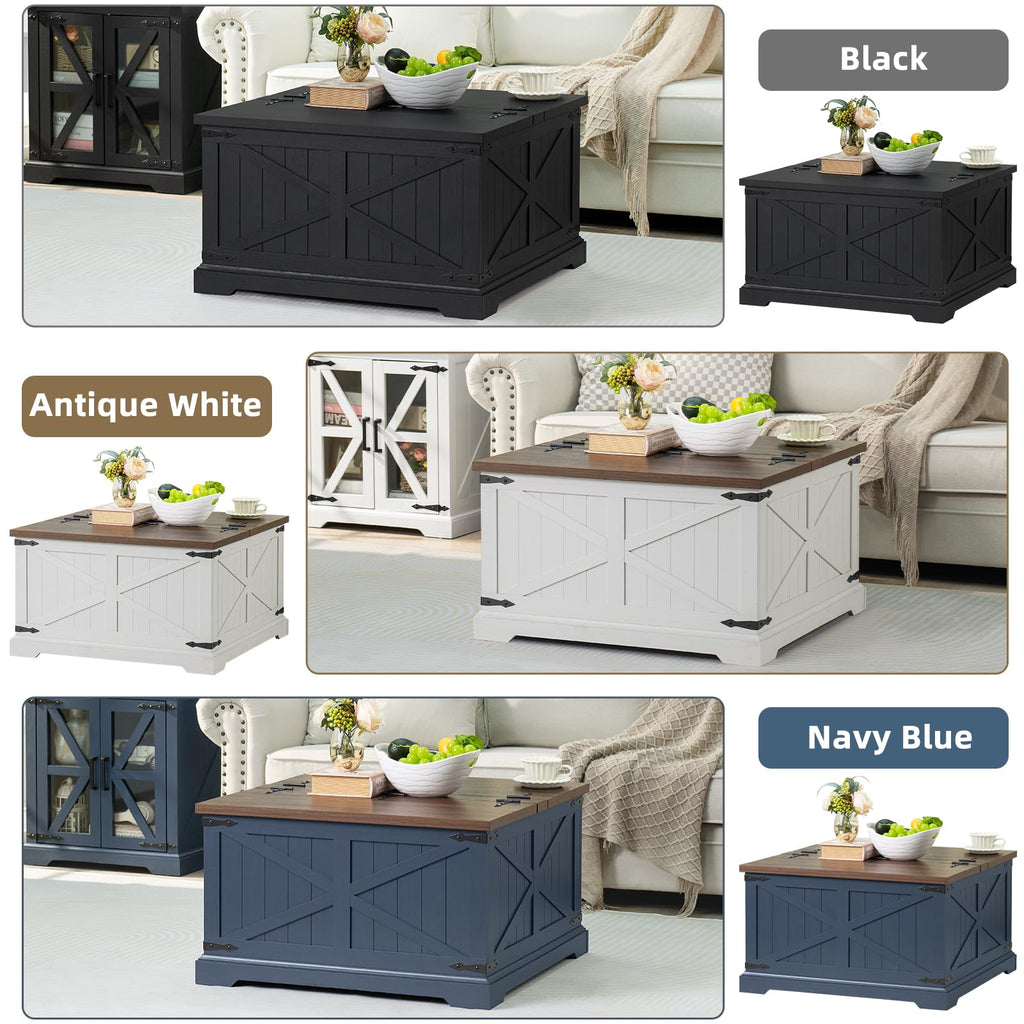 Square coffee table with hinged lift top, antique white and navy blue finishes, geometric panels