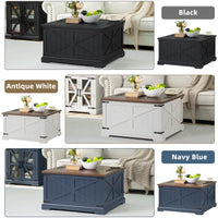 Farmhouse storage coffee table with flip-top lid, black and white versions shown