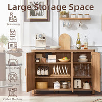 Wooden sideboard cabinet with open compartments and adjustable shelves for storage