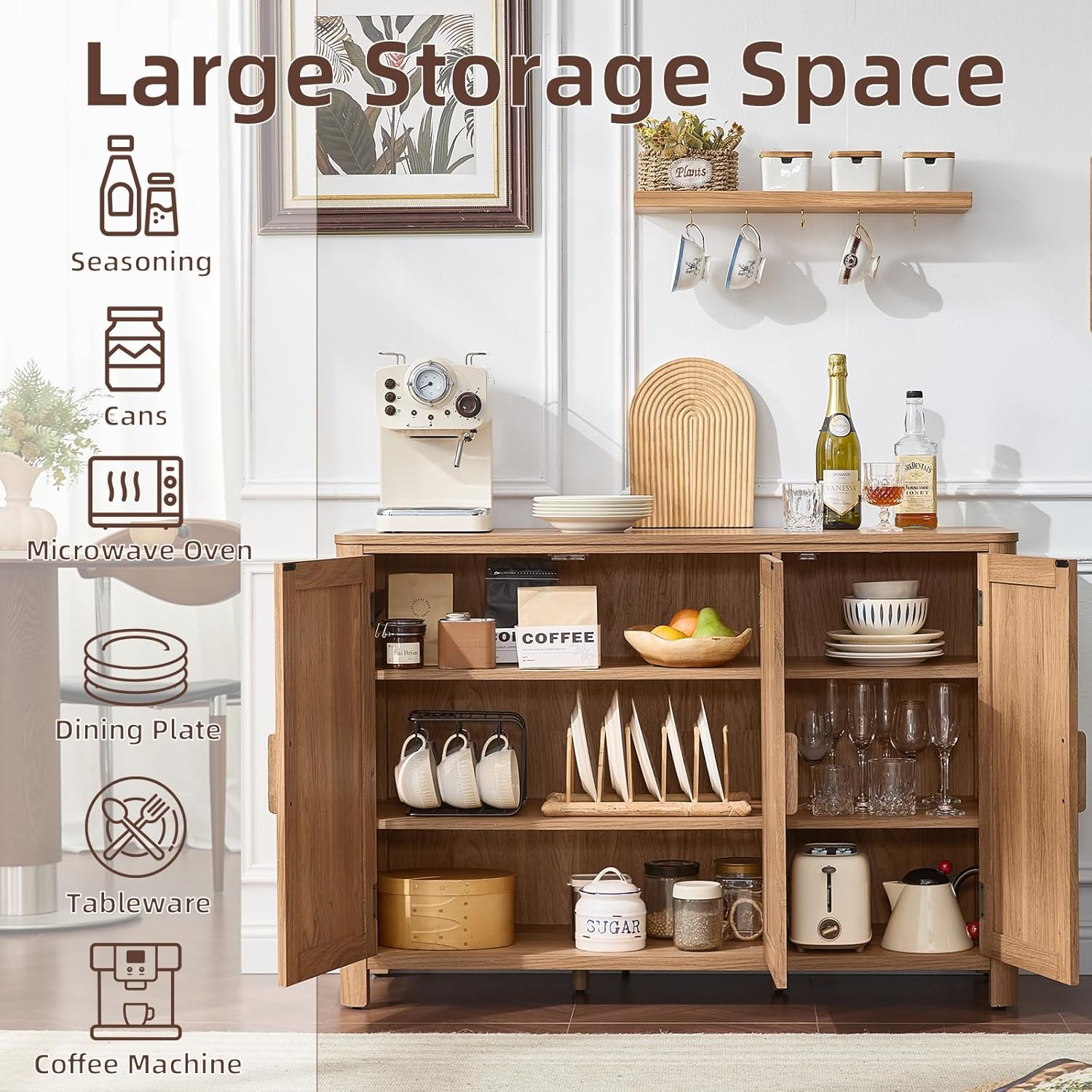 Wooden sideboard cabinet with open compartments and adjustable shelves for storage