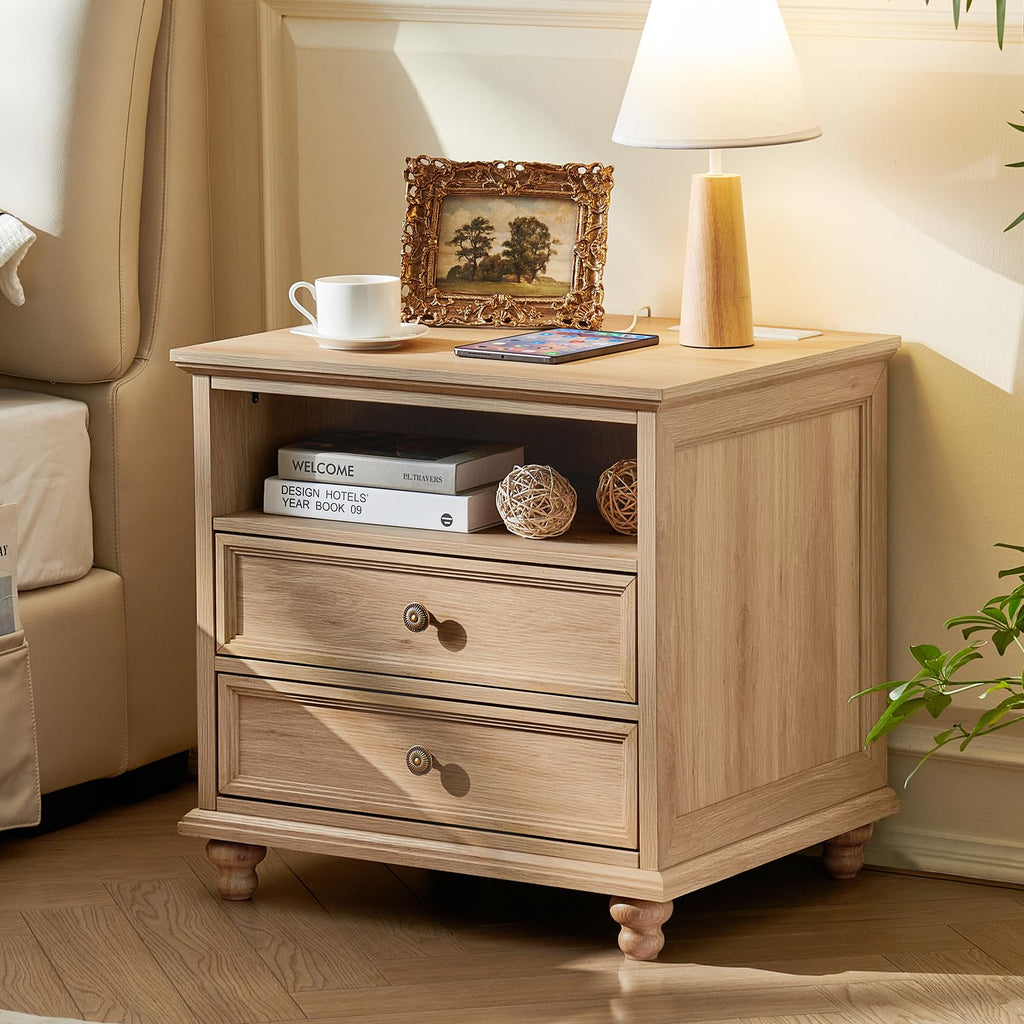 Light wood 2-drawer console dresser with metal knobs and turned wooden legs.