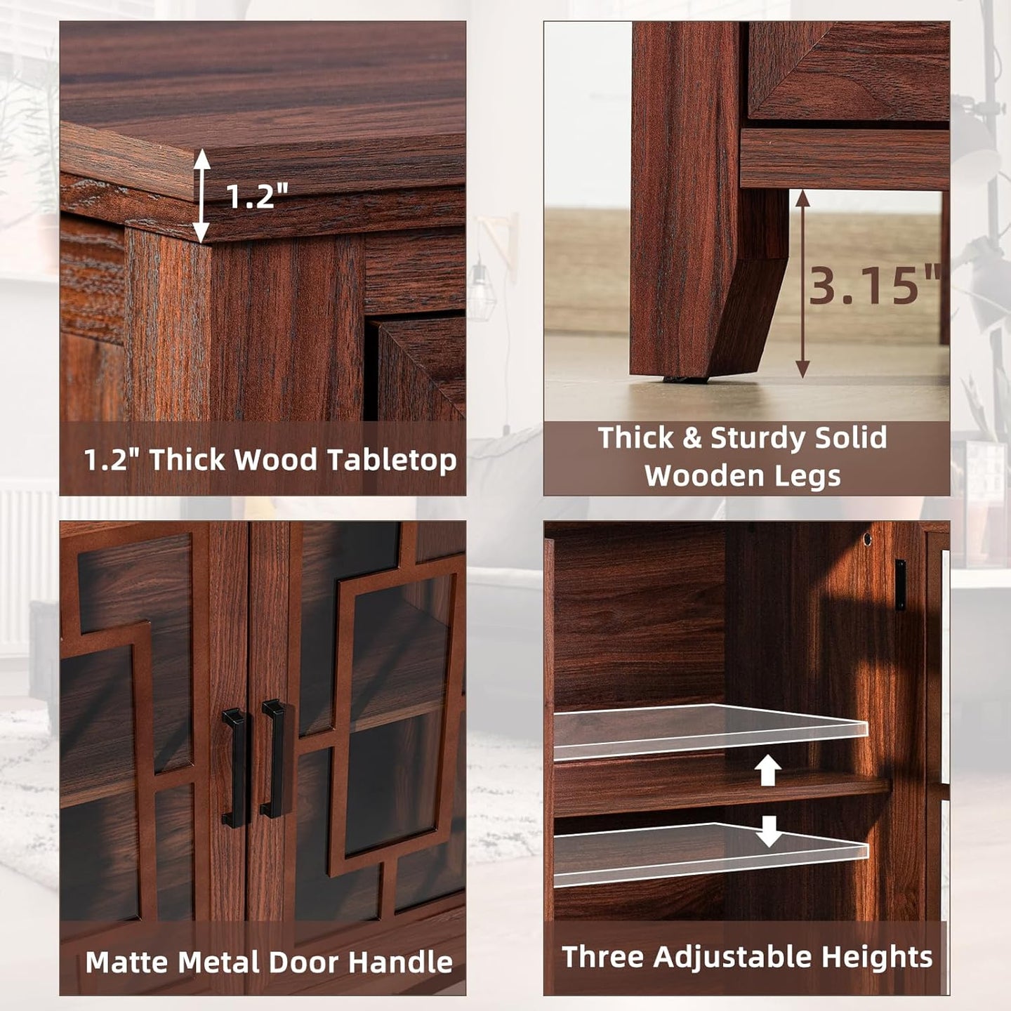 Wood sideboard cabinet details: thick top, solid legs, matte metal handles