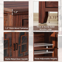 Wood sideboard cabinet details: thick top, solid legs, matte metal handles