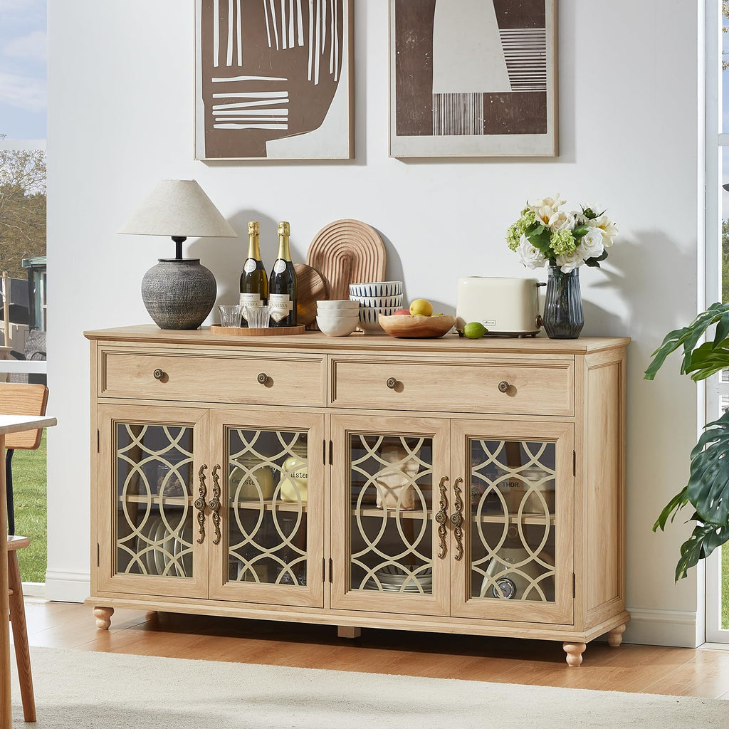 Light wood farmhouse sideboard cabinet with 2 drawers and 4 glass doors, lattice panels
