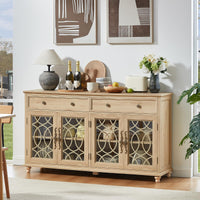 Natural wood farmhouse sideboard cabinet with 3 glass doors, crosshatch panels, and drawers