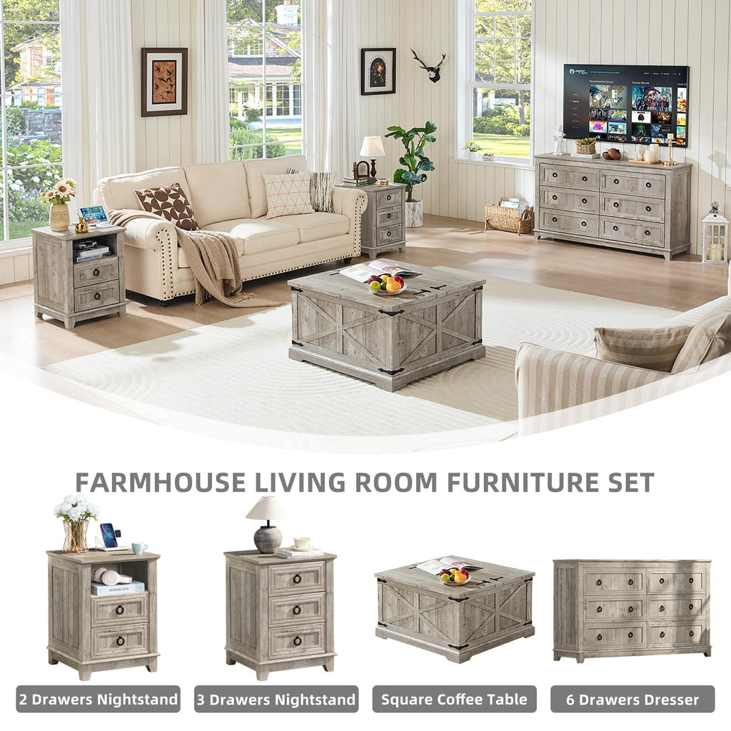 Farmhouse square coffee table with lift-top hidden storage in a living room setup