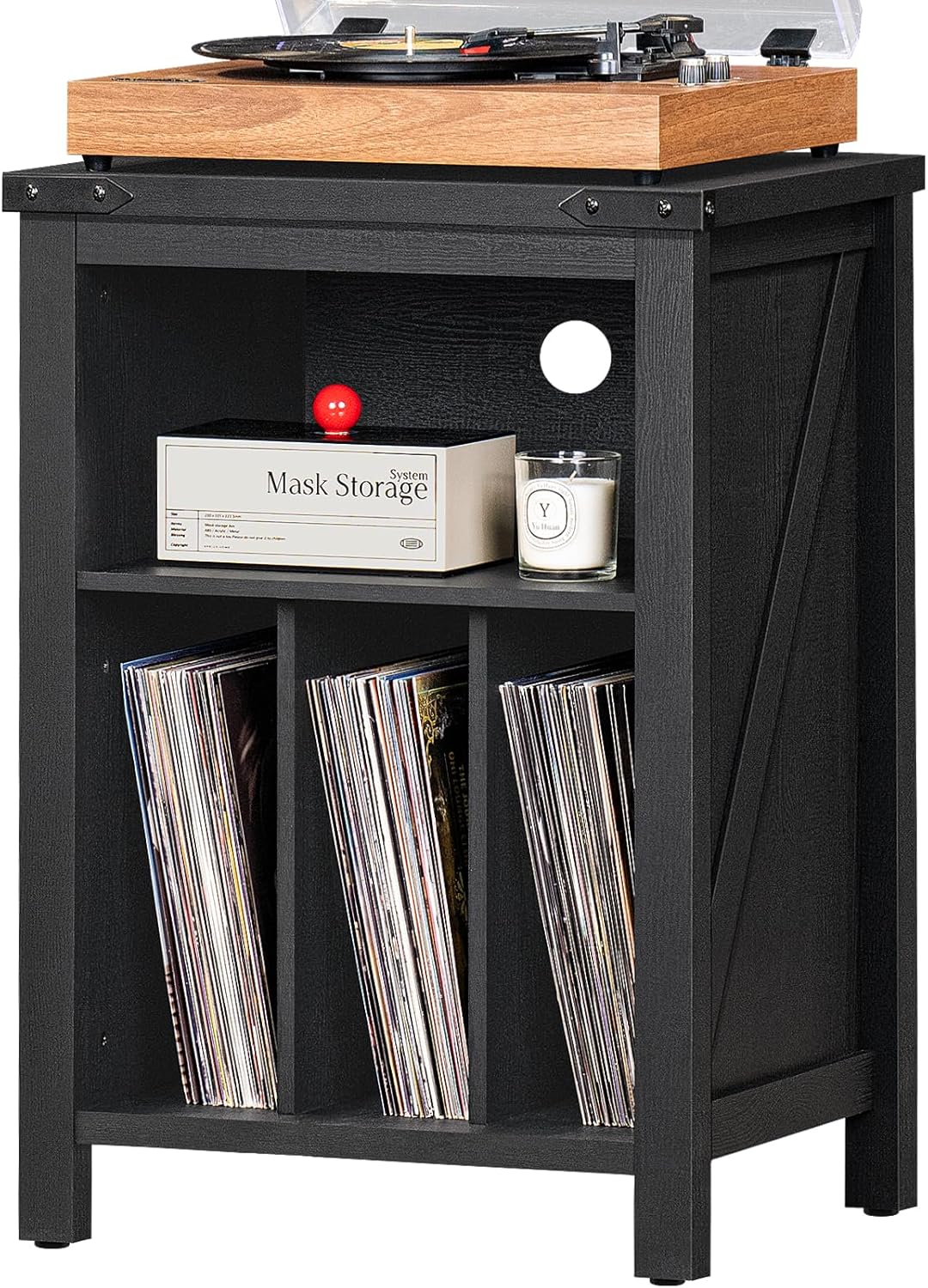 Black record player stand with open top and vinyl records stored in front shelves