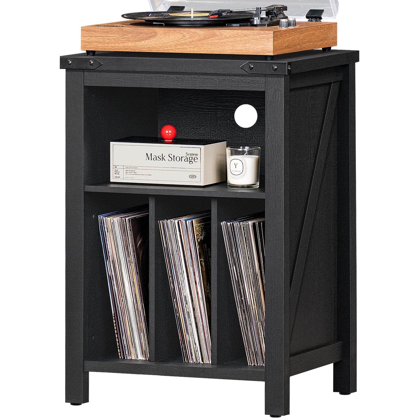 Record player stand with black cabinet, open shelf for vinyl records, and top turntable