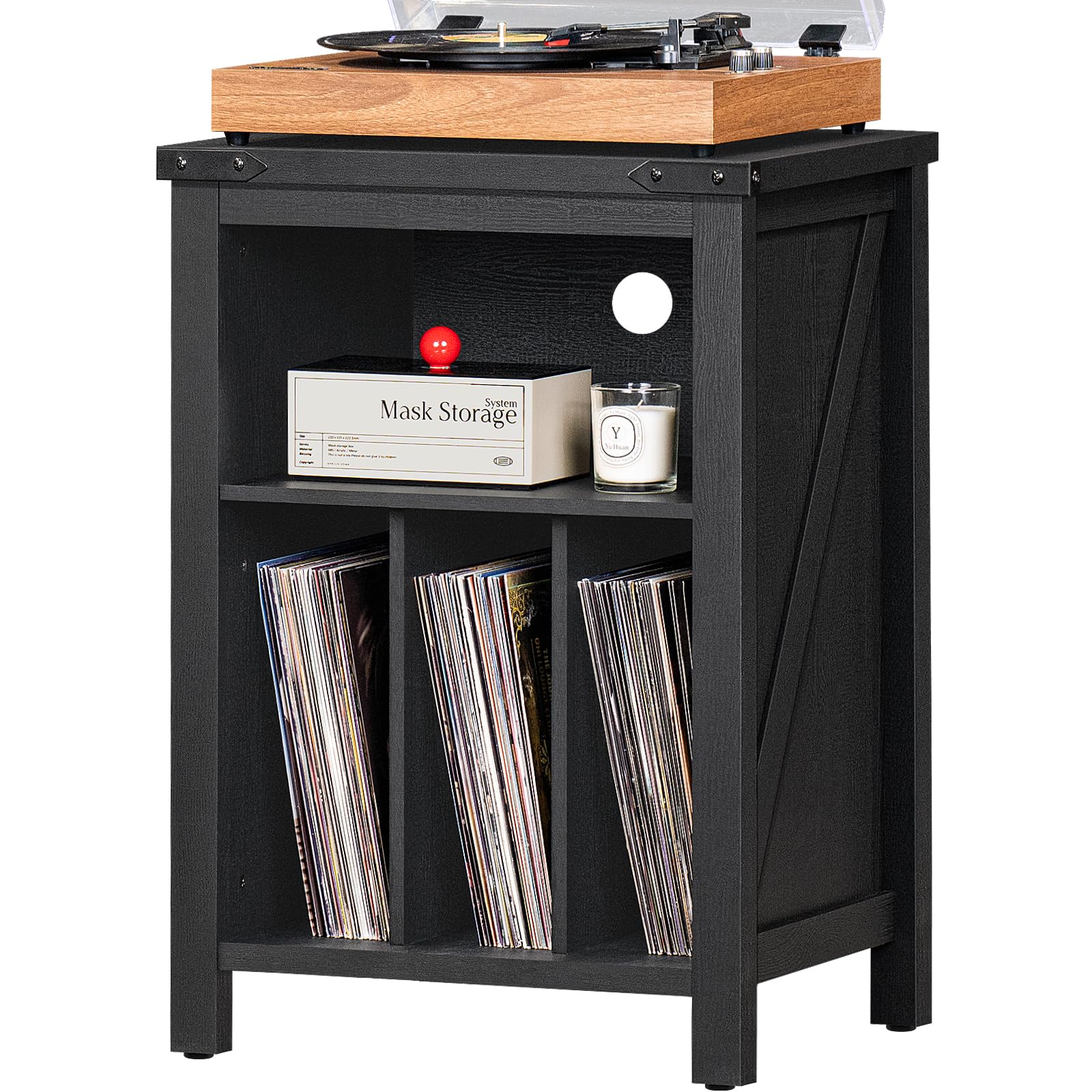 Record player stand with black cabinet, open shelf for vinyl records, and top turntable