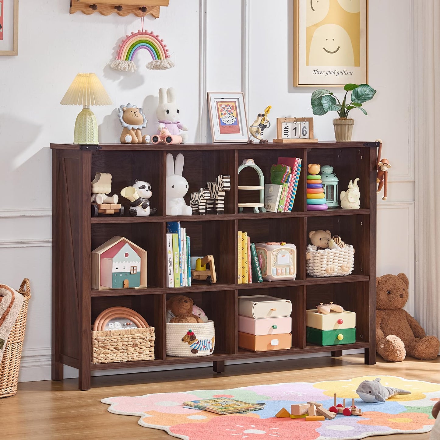 Brown walnut bookcase with open cubbies and bottom shelf space on short legs