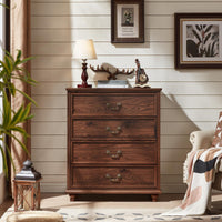 Warm brown 4-drawer farmhouse dresser with brass-tone handles and turned wooden legs