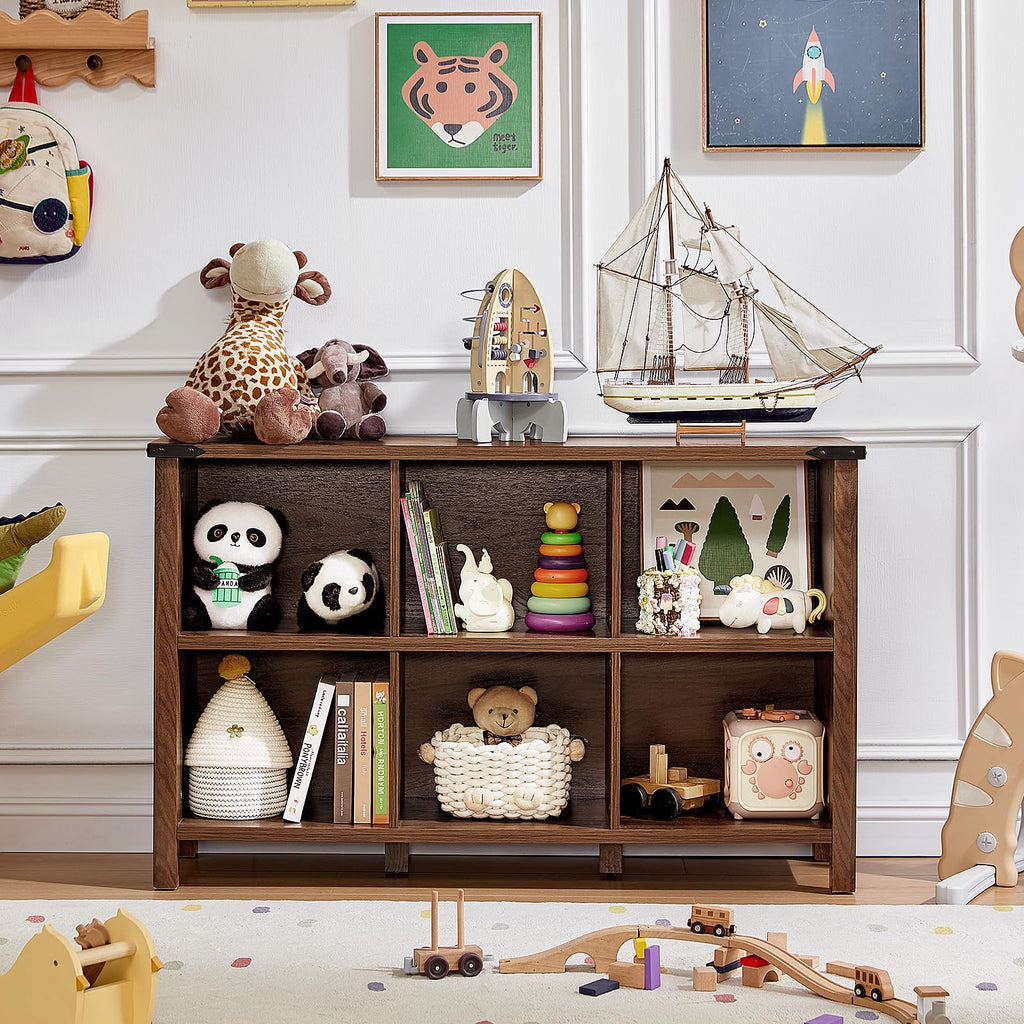 Brown storage bookcase with multiple open cubbies and lower compartments for decor