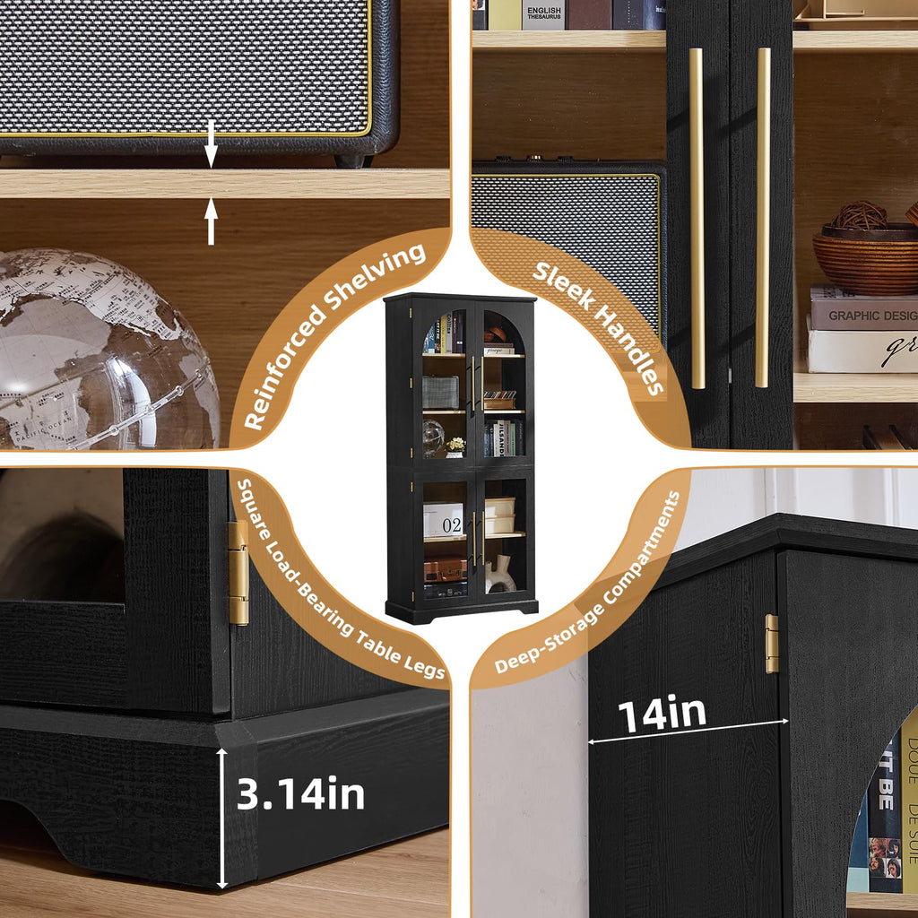 Black tall display cabinet with arched glass doors and adjustable shelving, gold hinges