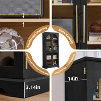 Black tall display cabinet with arched glass doors and adjustable shelving, gold hinges