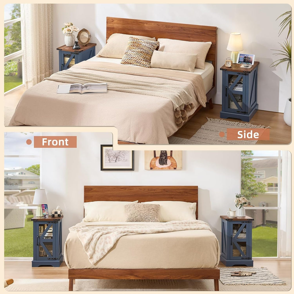 End Tables Living Room Set 2, 18'' Night Stand and 24" Square Side Table with Charger Station, Wood Furniture Sets, Nightstand Bedside End Table for Bedroom