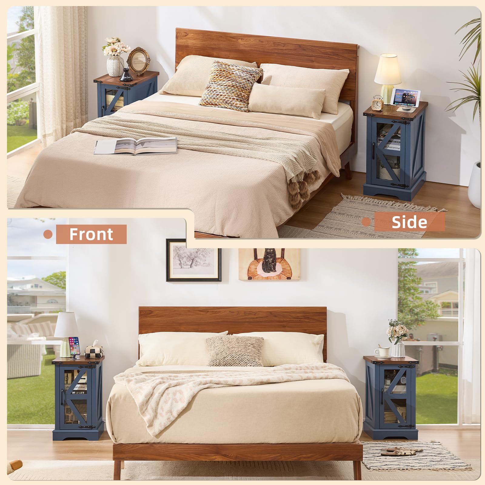 Blue bedside end table with wood top, side cabinet doors, and lower open shelf