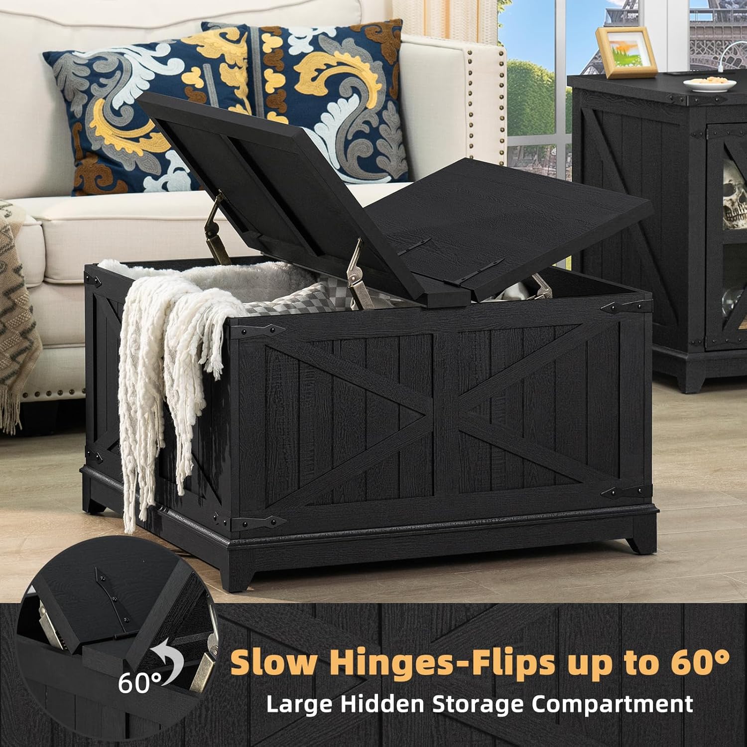 Black coffee table with hinged flip-top opening to 60°, large hidden storage compartment