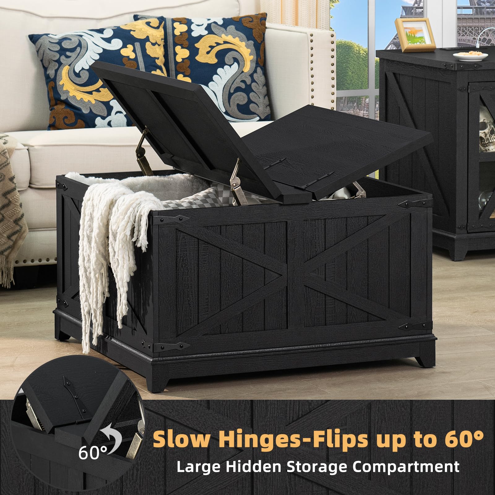 Black storage coffee table with flip-top lid open and large hidden compartment