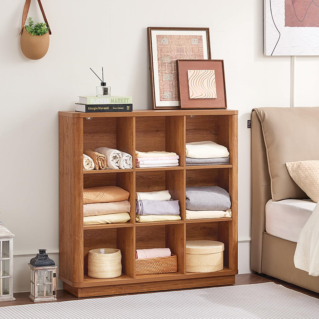 Natural oak cube storage bookcase with lower storage cubbies and shelves
