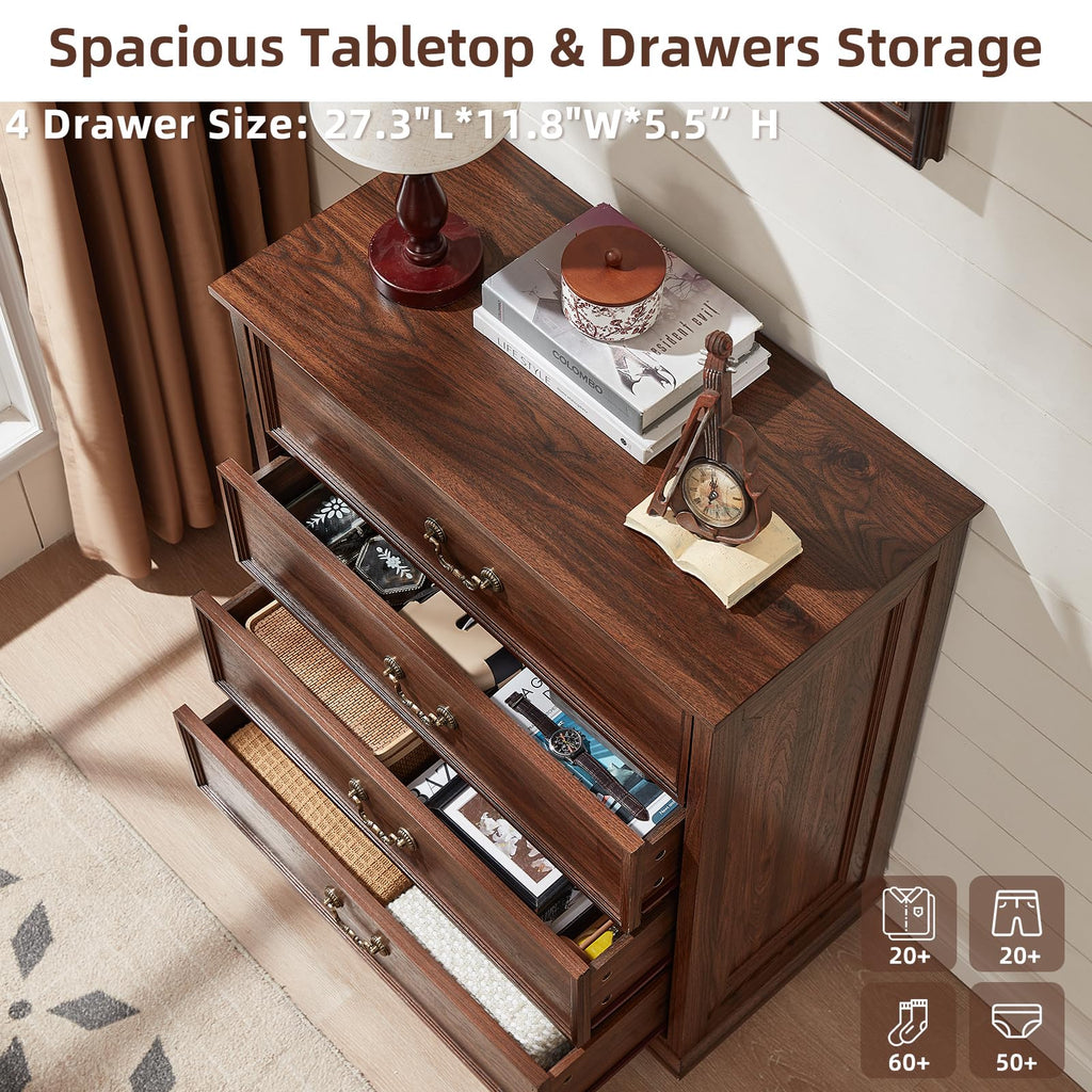 Brown wood dresser with open drawers, wide tabletop, and metal knob pulls