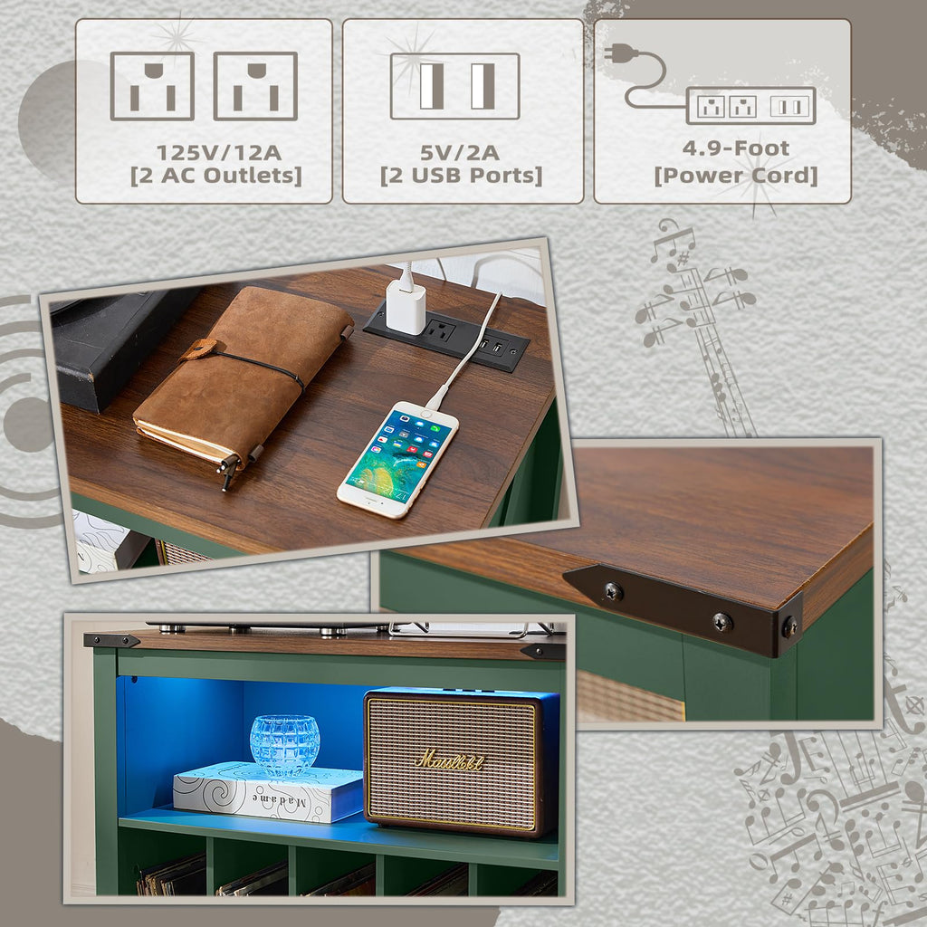 Brown record player stand with open shelves and charging station with LED lights