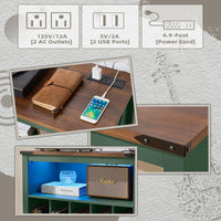 Brown record player stand cabinet with open shelves, green interior, and LED lighting