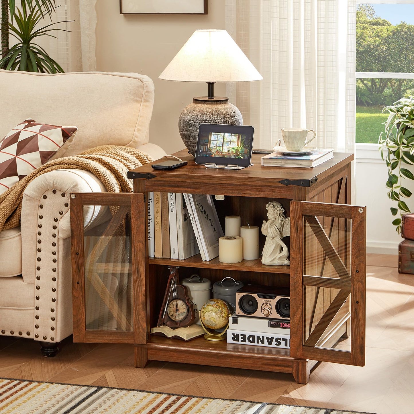 Brown wood coffee table with open shelving, lower storage and lattice-style doors.