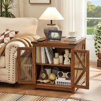 Brown wood coffee table with open shelving, lower storage and lattice-style doors.