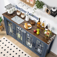 Wood sideboard cabinet with blue finish and two glass doors
