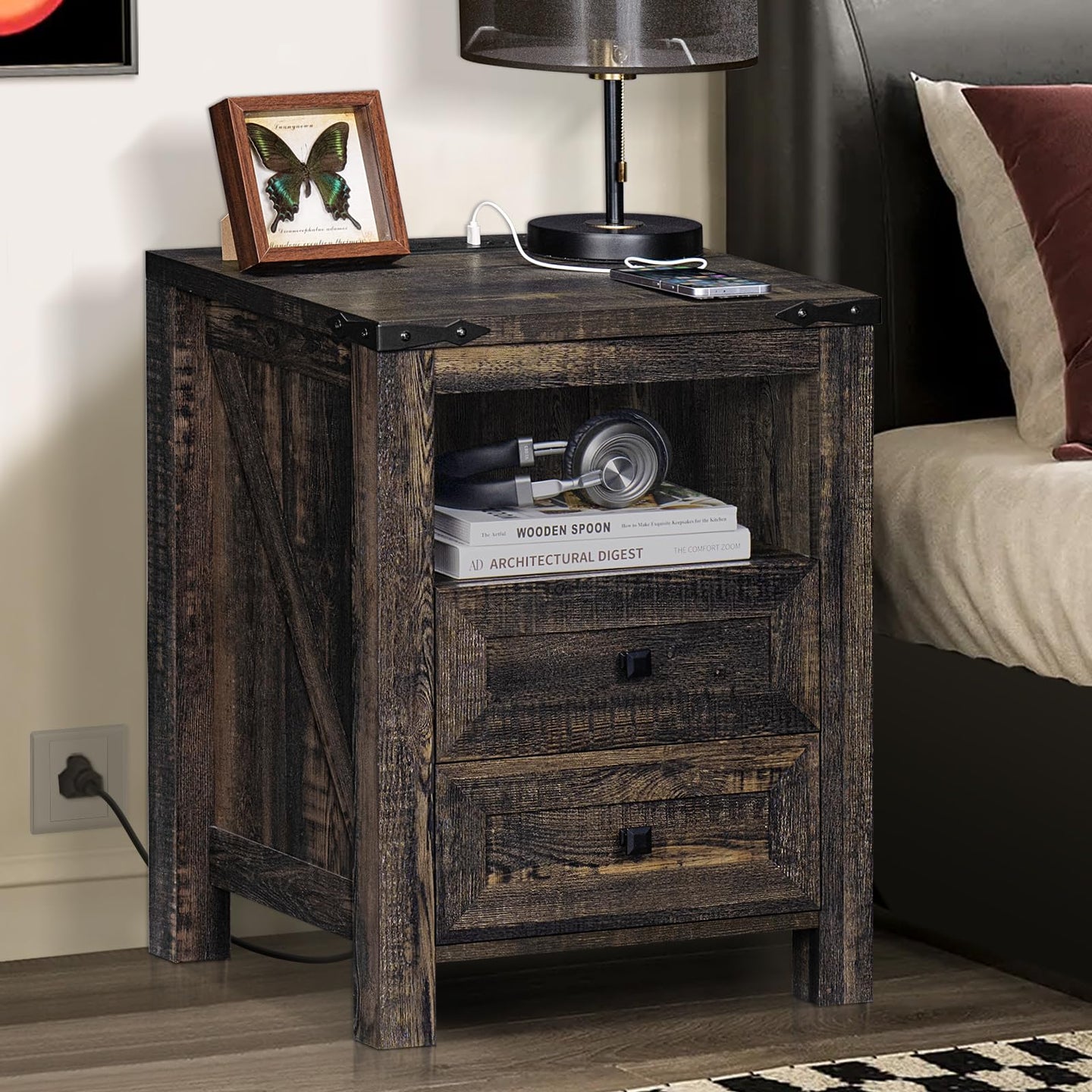 Dark wood nightstand with charging surface and 2 drawers, open shelf cabinet