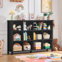 Black low storage bookcase with open grid shelves, tall legs, and side compartments