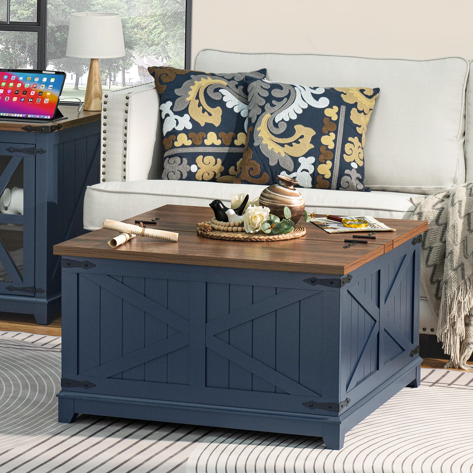 Farmhouse Coffee Table with Large Hidden Storage Compartment, Navy Blue Square Center Table, Wood Rustic Low Modern Living Room Tables with Hinged Lift Brown Top & Wooden Arc Base