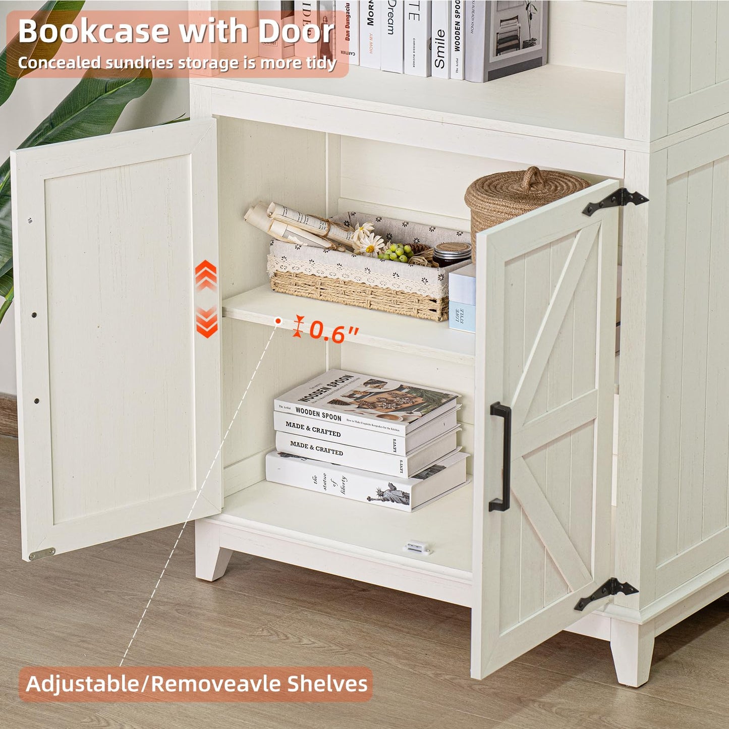 Joaxswe 70in Tall Bookshelf 5 Tier Bookcase with Barn Doors and Adjustable Shelves, Blue Farmhouse Book Shelf with Storage Cabinet, Wood Freestanding Display Bookshelves for Bedroom, Living Room